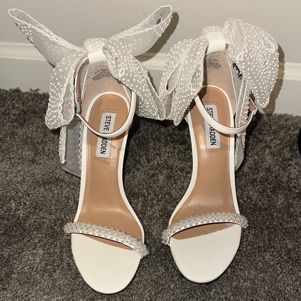 Steve Madden White Pearl Bow Ankle-Strap Heels